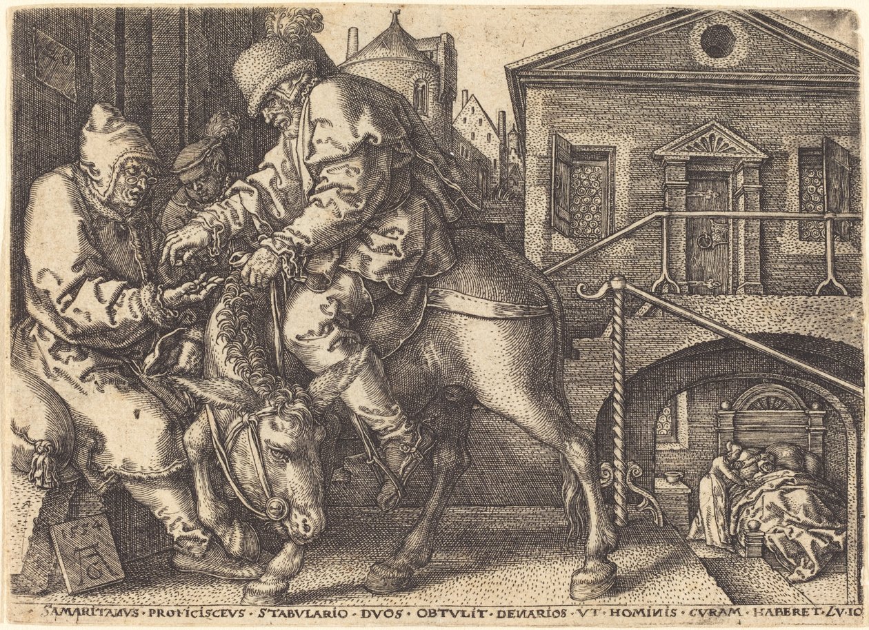 Dobry Samarytanin płaci za mieszkanie podróżnika, 1554. autorstwa Heinrich Aldegrever