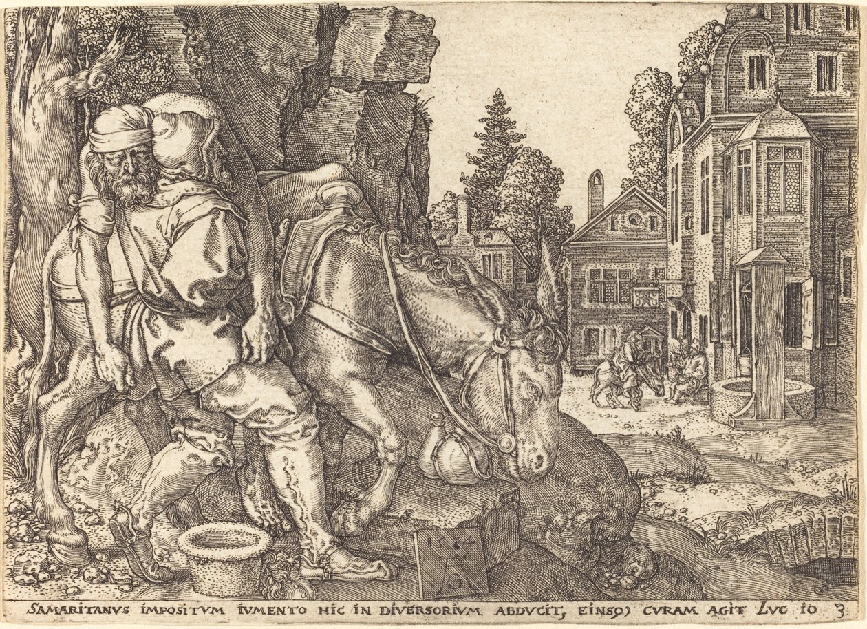 Dobry Samarytanin umieszcza podróżnika na mule, 1554. autorstwa Heinrich Aldegrever