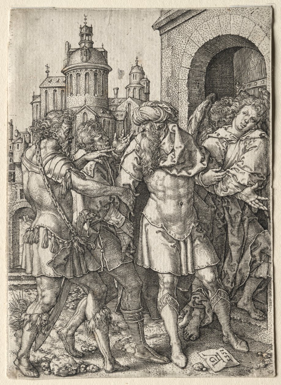 Historia Lota: Lot chroni Sodomitów przed przemocą, 1555. autorstwa Heinrich Aldegrever