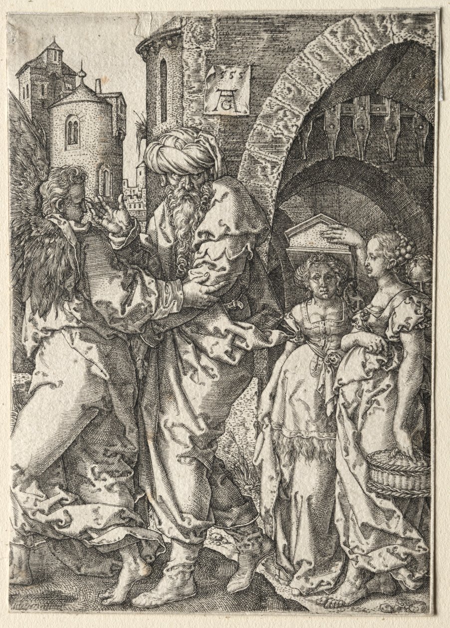 Historia Lota: Lot i jego rodzina uciekają z Sodomy, 1555. autorstwa Heinrich Aldegrever