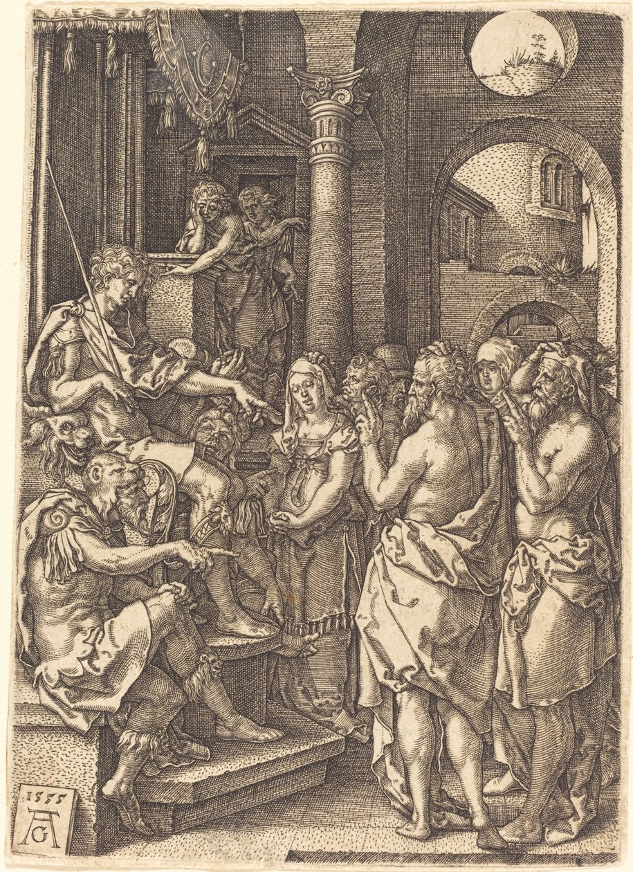Dwóch starszych przed sędzią, 1555. autorstwa Heinrich Aldegrever