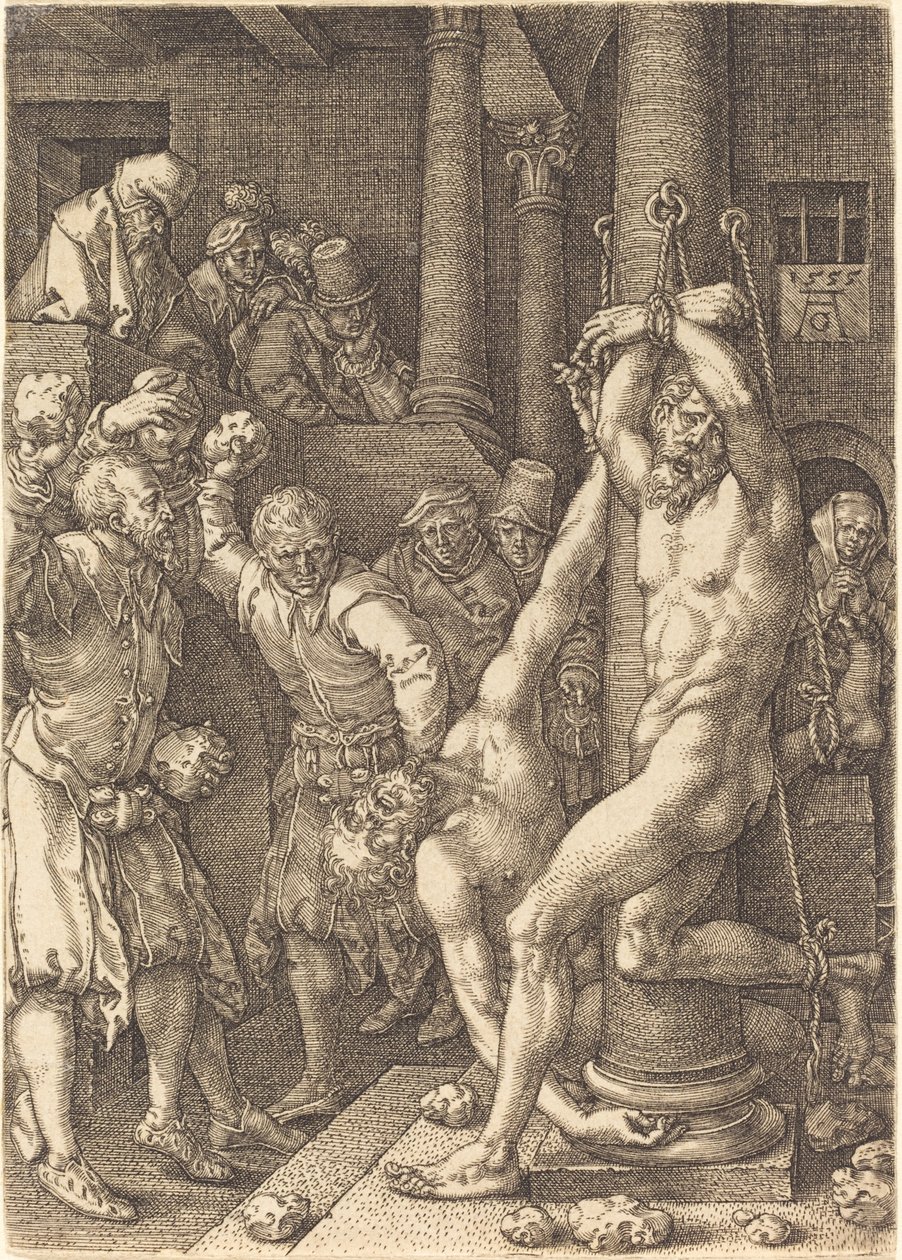 Dwóch starszych ukamienowanych przez lud, 1555. autorstwa Heinrich Aldegrever