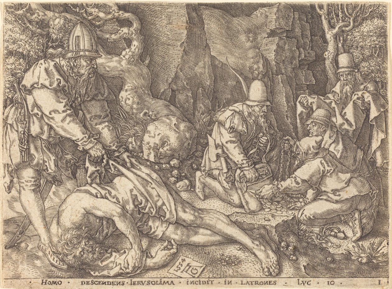 Podróżnik wśród złodziei, 1554. autorstwa Heinrich Aldegrever