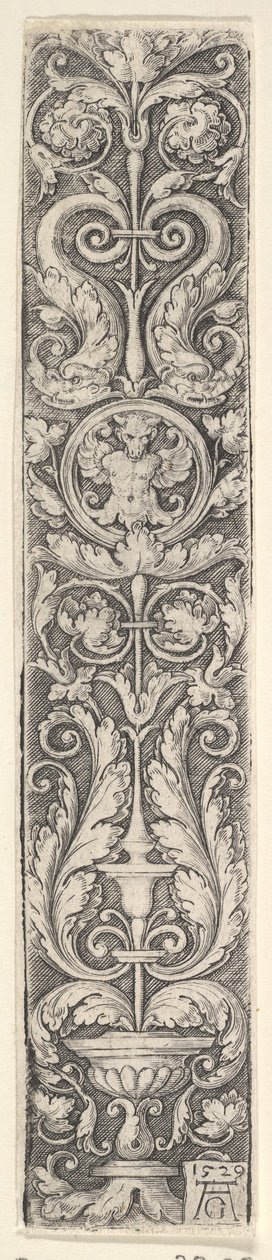 Tablica pionowa z kandelabrem zawierającym medalion z centaurem i parą Dolp..., 1529. autorstwa Heinrich Aldegrever