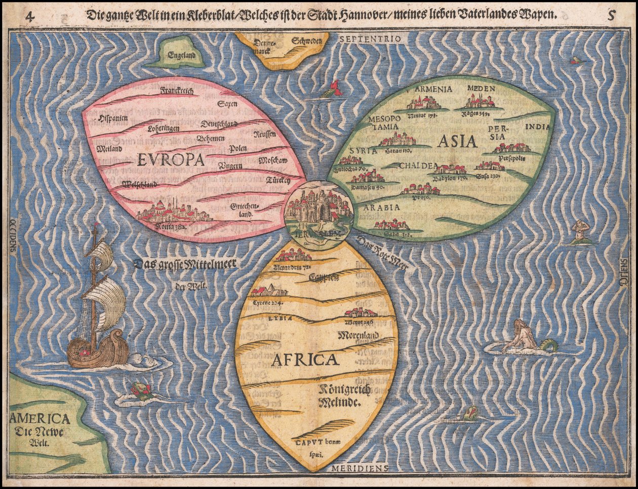 Mapa świata w kształcie liścia koniczyny z 1581 r. autorstwa Heinricha Buentinga autorstwa Heinrich Bünting