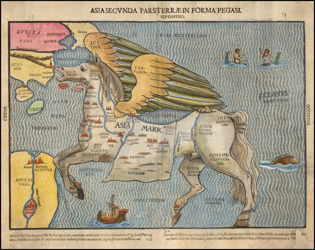 Ca. Mapa obrazkowa z 1581 r. autorstwa Heinricha Büntinga, przedstawiająca Azję jako Pegaza autorstwa Heinrich Bünting