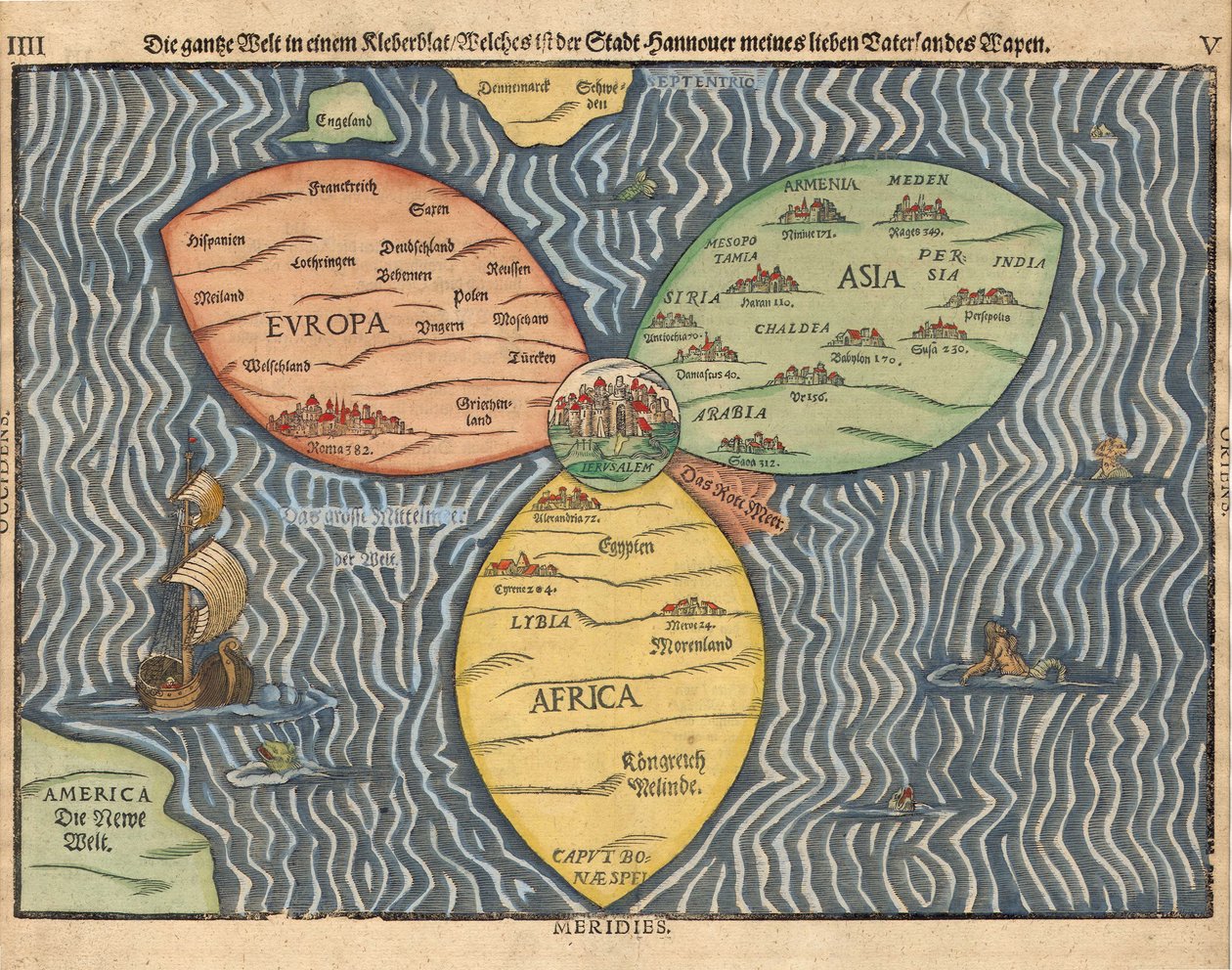 Trzy kontynenty z Jerozolimą w centrum świata, 1581 autorstwa Heinrich Bünting