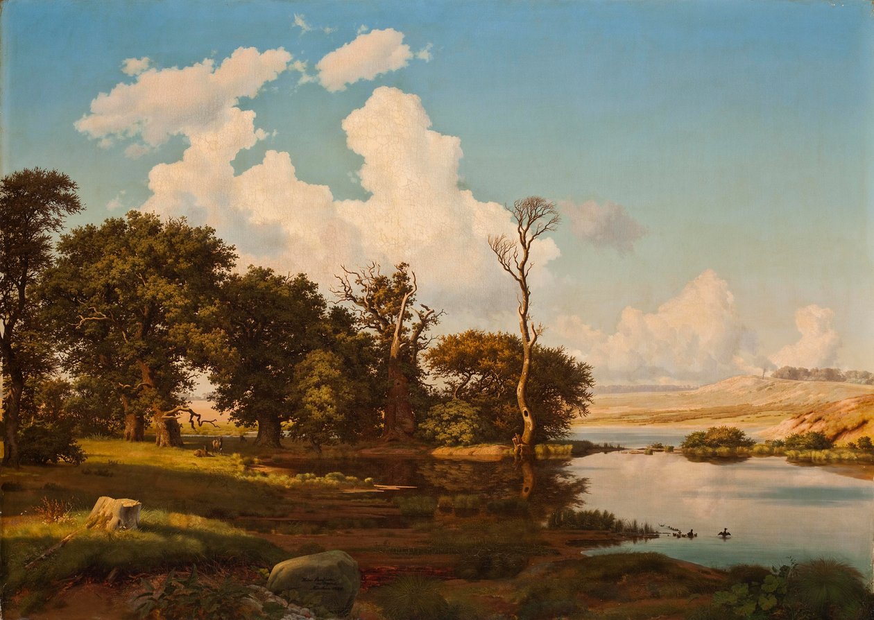 Duński: Duński krajobraz, dęby nad jeziorem. Duński krajobraz, dęby nad jeziorem. autorstwa Heinrich Buntzen