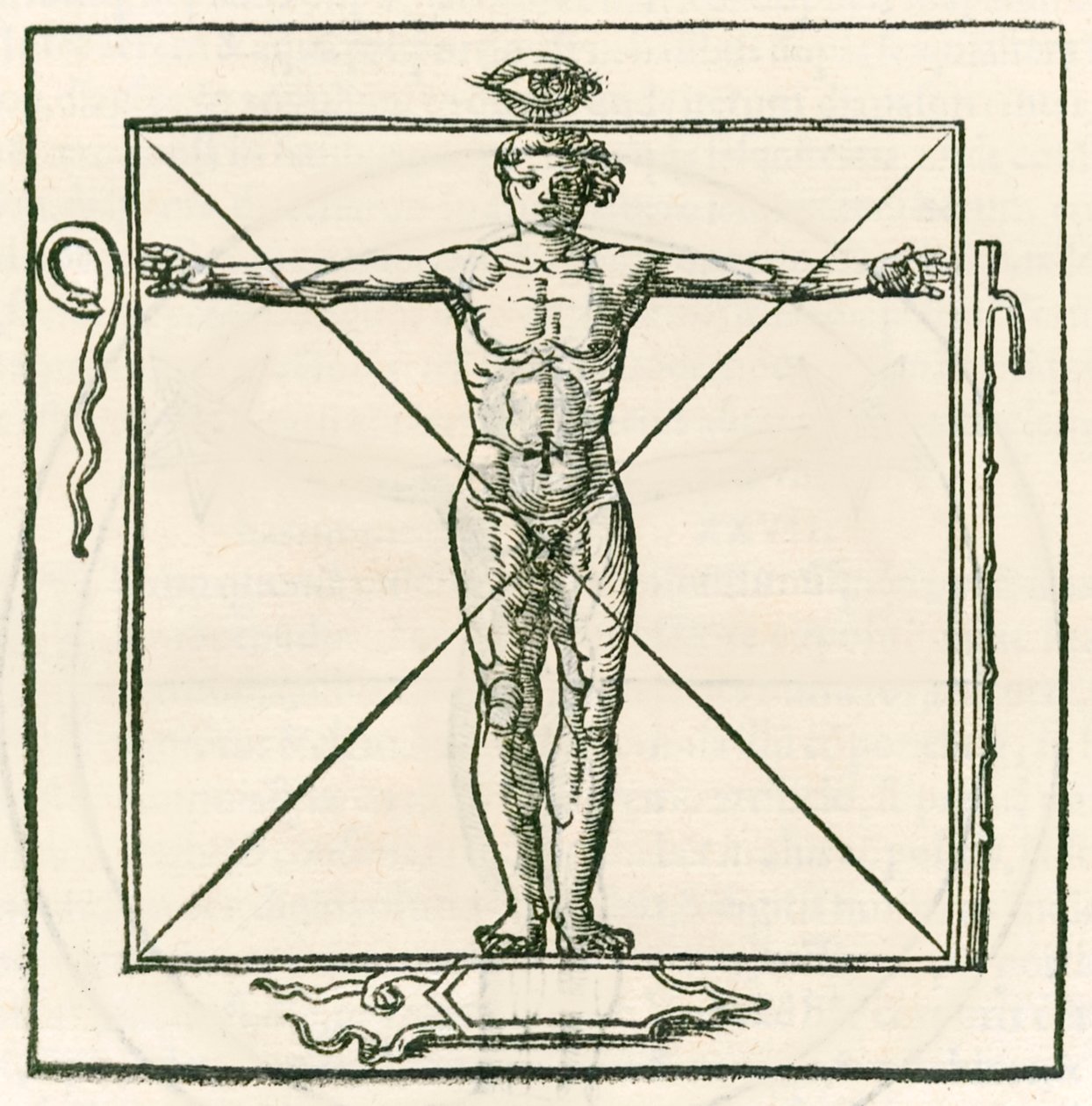 Mężczyzna na kwadracie otoczonym symbolami oka, węża, siedmioczęściowej laski i tarczy. Grawer Heinricha Corneliusa Agrippy von Nettesheim (1486-1535) De occulta philosophia libri tres (trzy B autorstwa Heinrich Cornelius Agrippa von Nettesheim