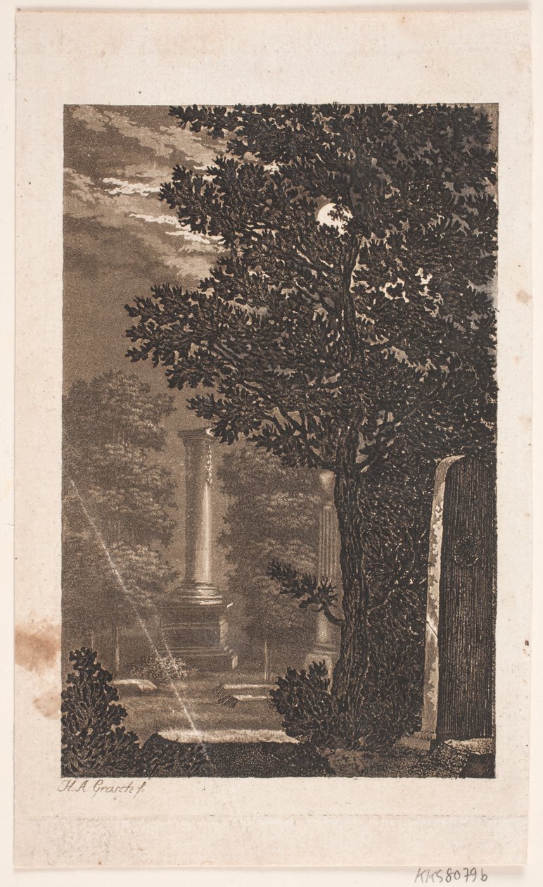 Z Assistens Kirkegaard, (według gml. auk.kat) park z filarem w świetle księżyca autorstwa Heinrich Grosch