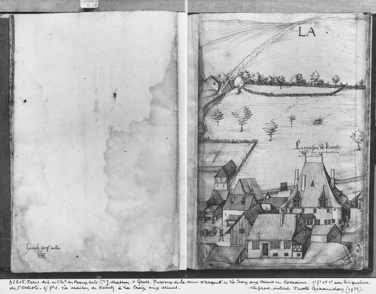 Fol.1 Wioska La Croix-aux-Mines, Lotaryngia. Dom Kointza, zarządcy kopalń i fol.25v, podpis artysty, ok.1530 (pióro i atrament i wc na papierze) autorstwa Heinrich Gross or Groff