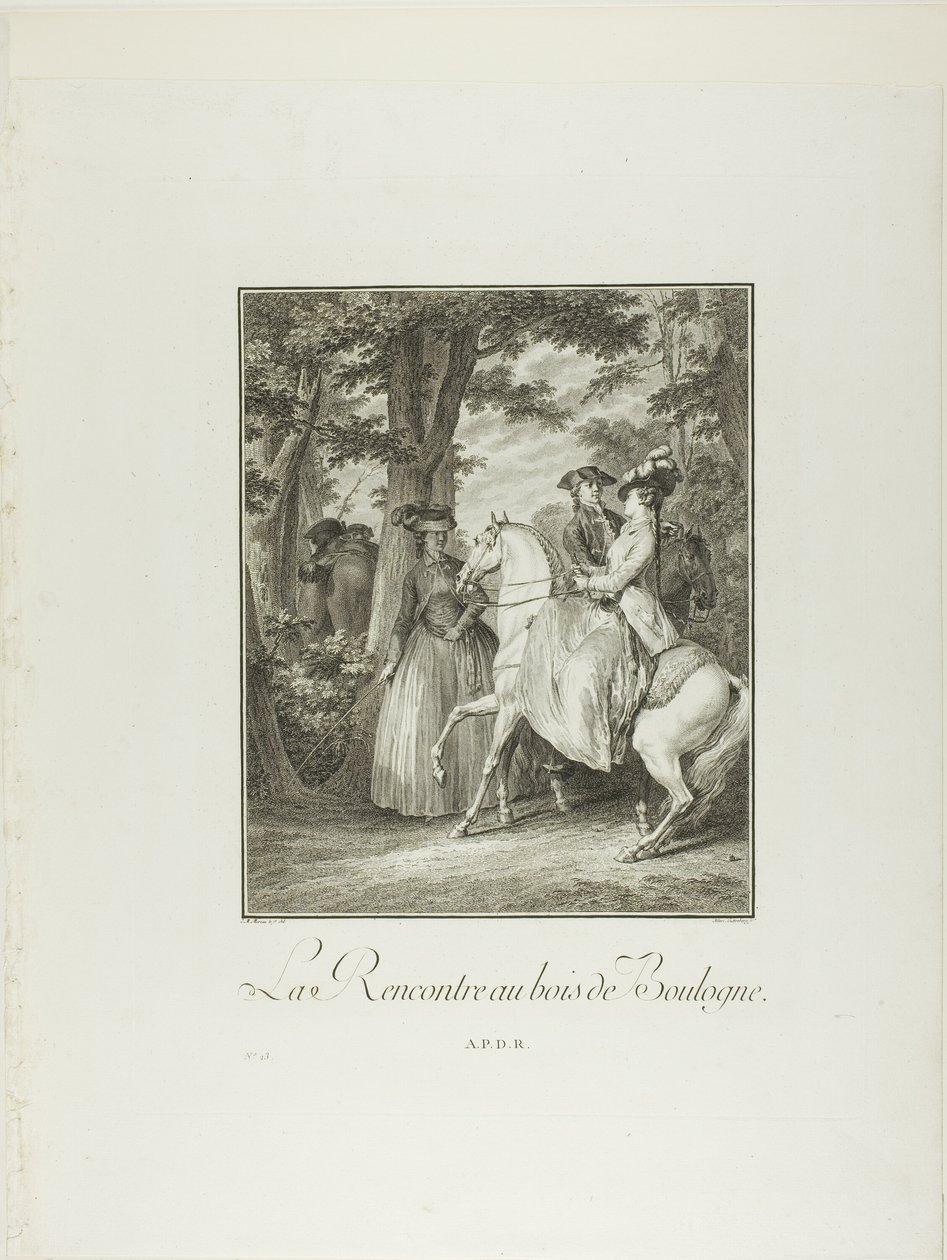 Spotkanie w lesie Boulogne, z Monument du Costume Physique et Moral de la fin du Dix-huitième siècle autorstwa Heinrich Guttenberg