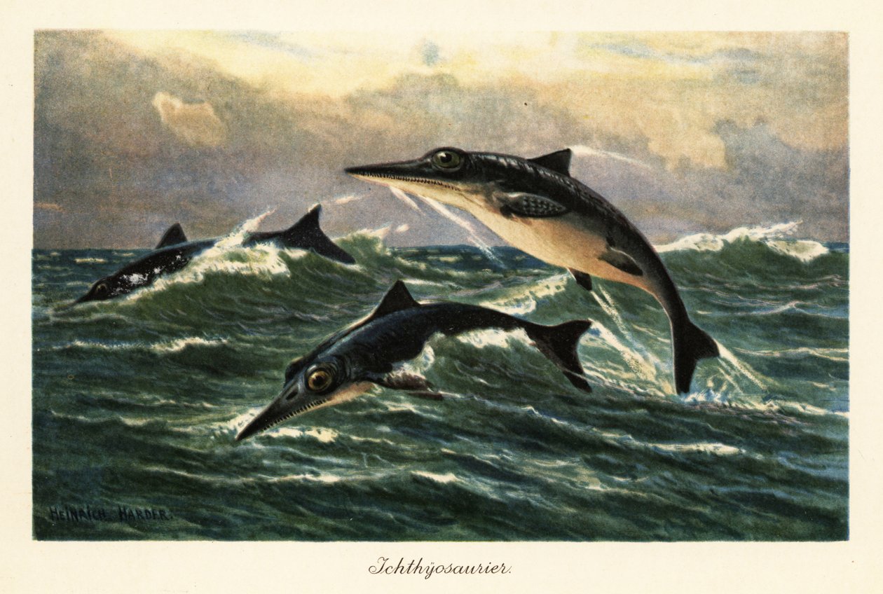 Wymarłe ichtiozaury skaczące nad oceanem. autorstwa Heinrich Harder
