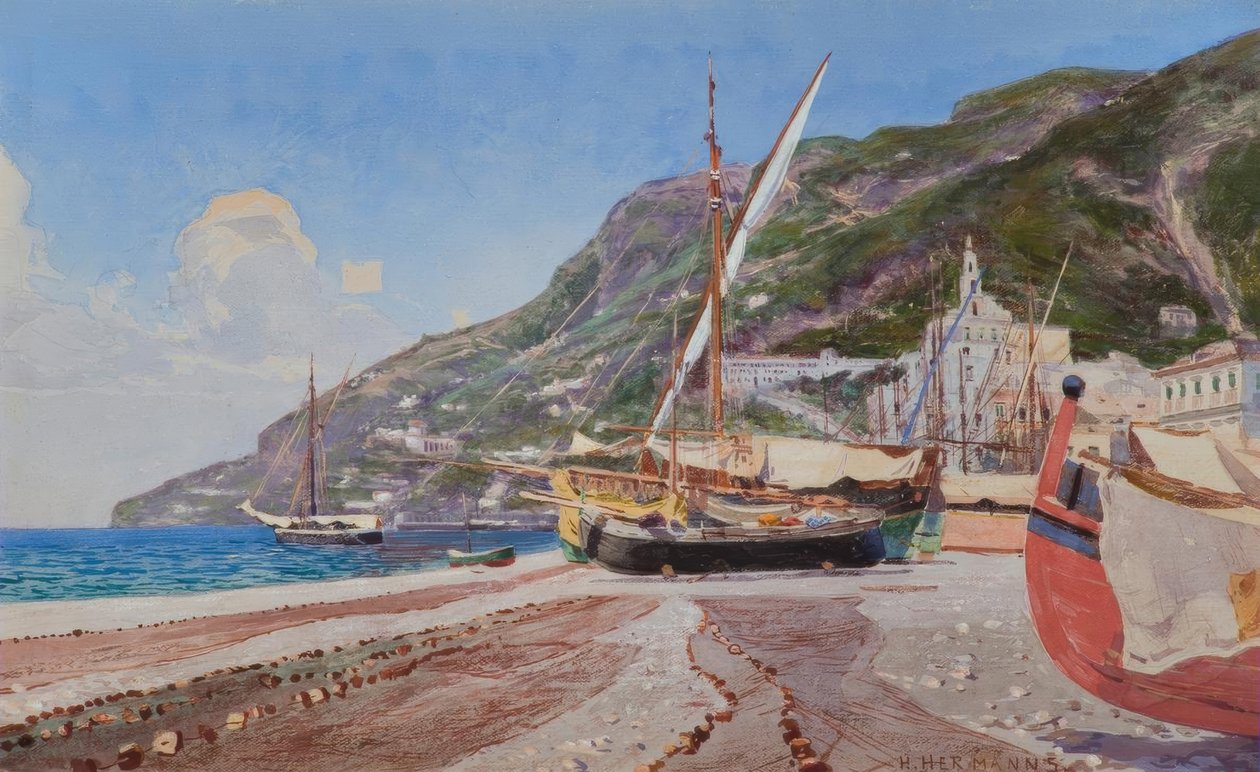 Amalfi, kutry rybackie na plaży / akwarela H.Hermanns autorstwa Heinrich Hermanns
