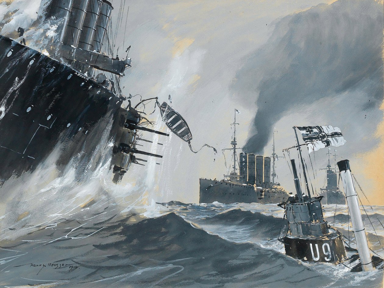 Okręty podwodne i okręty wojenne: podróże HMS Aboukir, Hogue i Cressy, 1914. autorstwa Heinrich Heusser