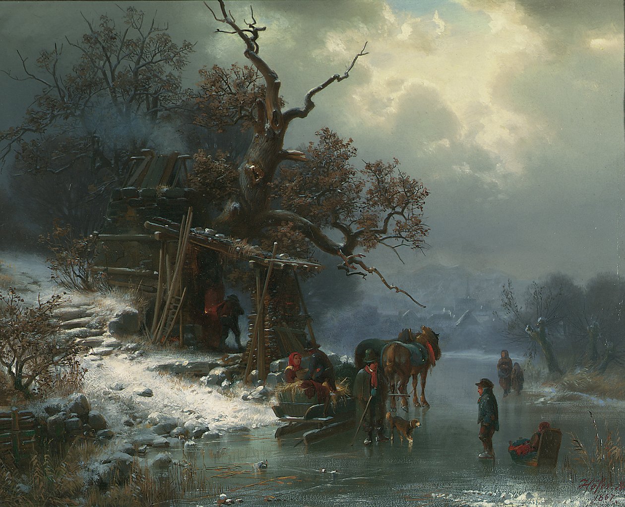 Zimowy pejzaż z postaciami na zamarzniętej rzece, 1867 autorstwa Heinrich Hofer