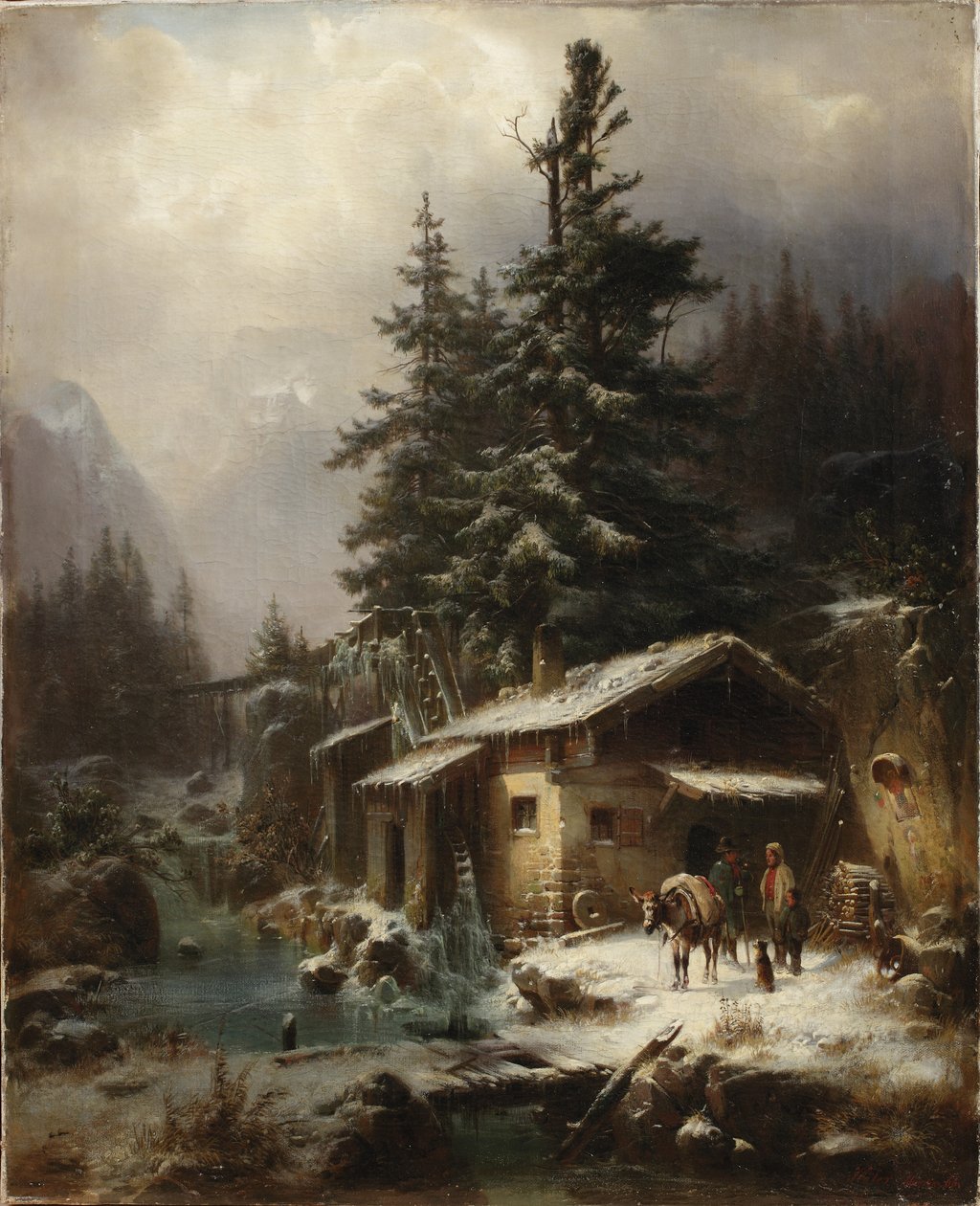 Zimowy pejzaż z postaciami odpoczywającymi przy młynie wodnym, 1866 autorstwa Heinrich Hofer
