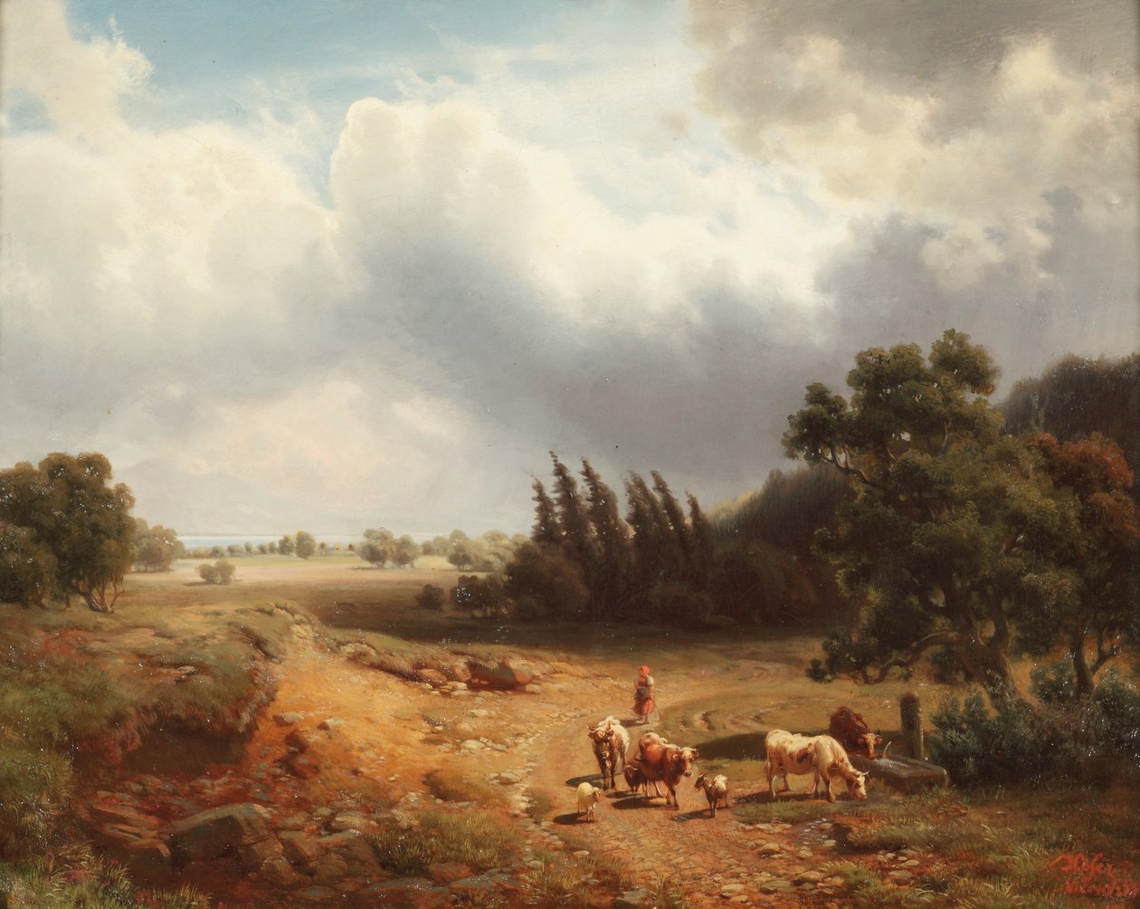 Zalesiony krajobraz z pasterką i jej bydłem, 1862 autorstwa Heinrich Hofer