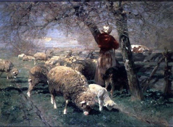 Pasterka i owca w krajobrazie; autorstwa Heinrich Johann von Zugel