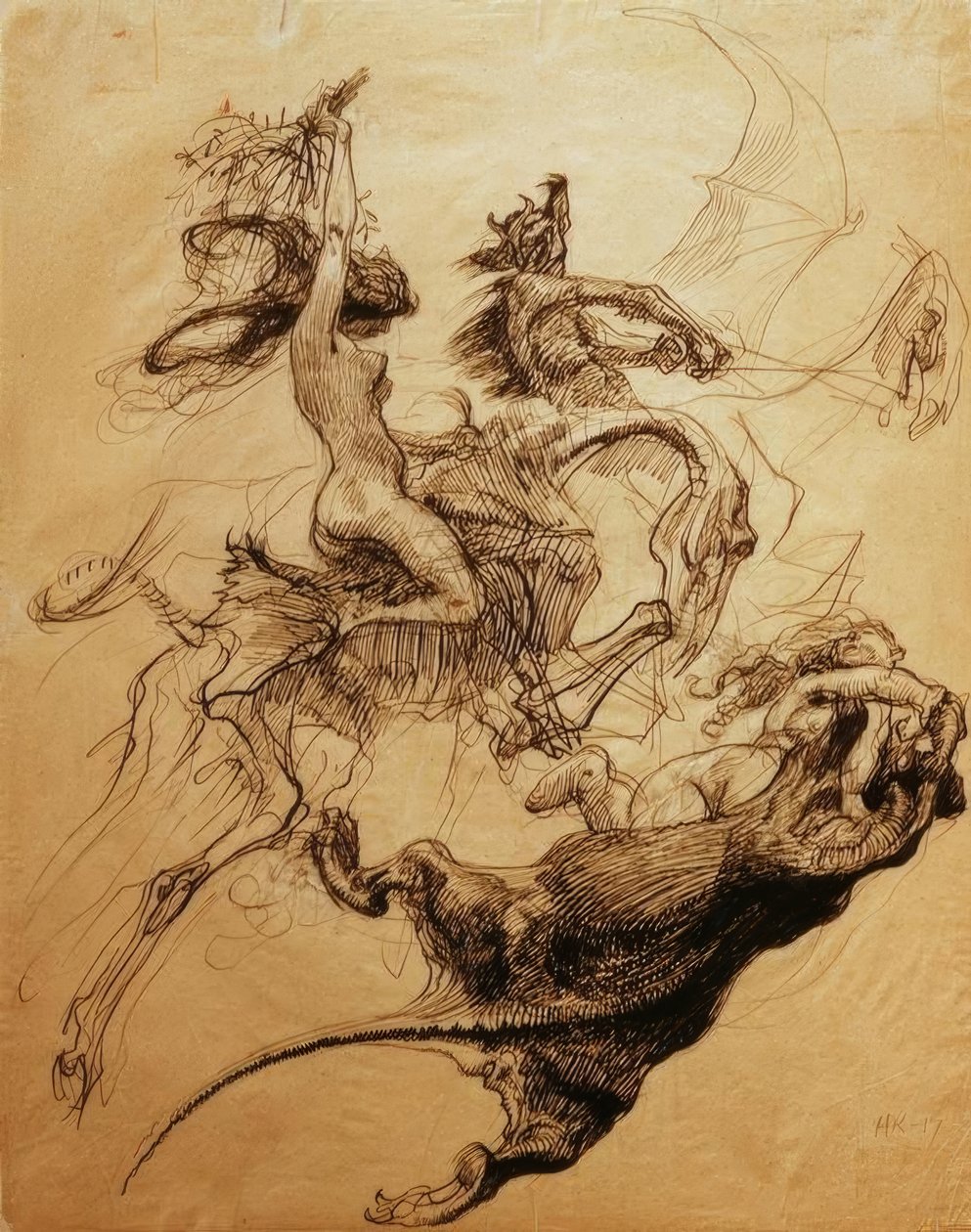 Naga kobieta na szkielecie i diabła na pterodaktyla autorstwa Heinrich Kley
