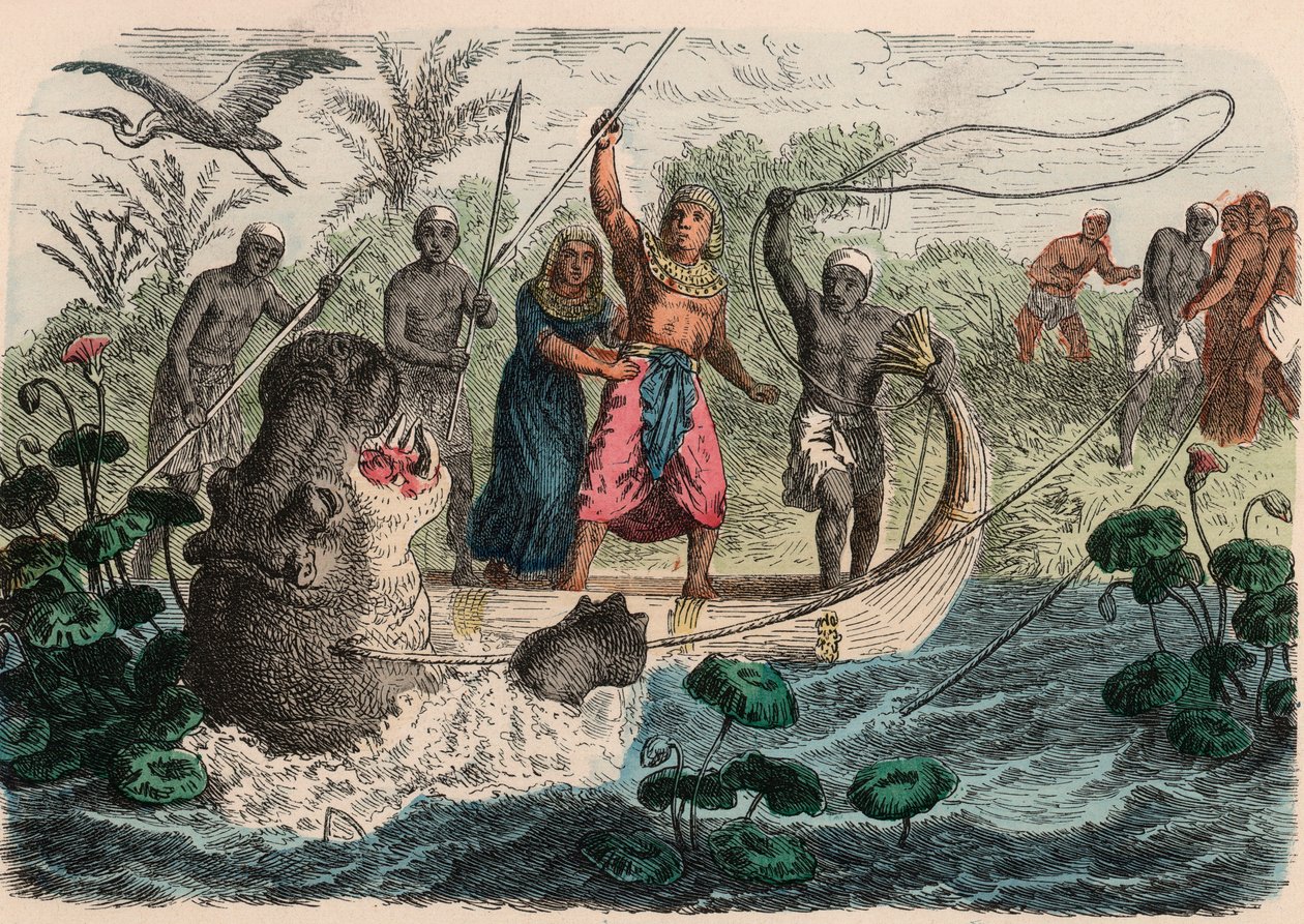 Starożytny Egipt: Faraon polujący na hipopotama, 1866 autorstwa Heinrich Leutemann