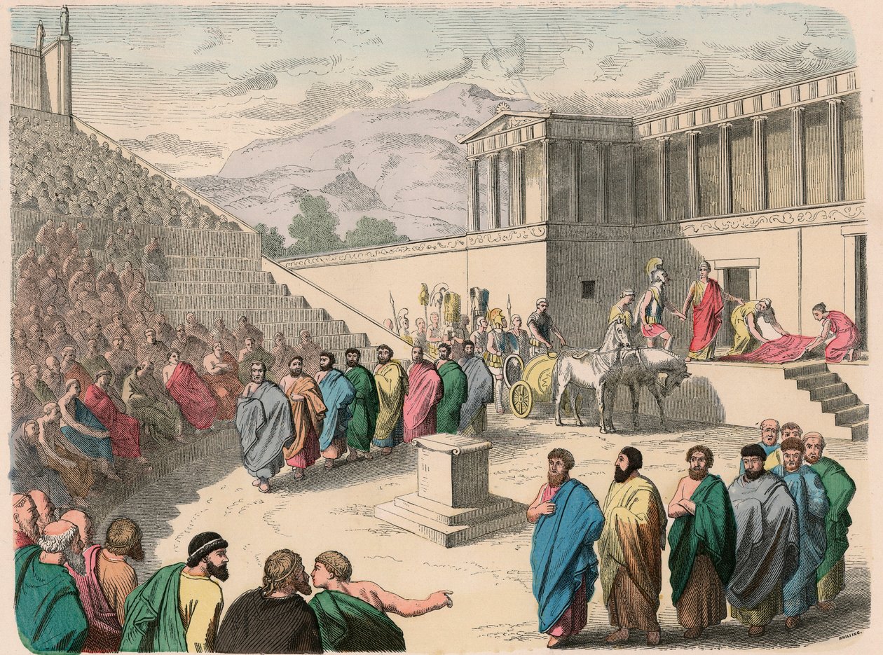 Starożytna Grecja: Teatr - Produkcja tragedii Agamemnon autorstwa Heinrich Leutemann