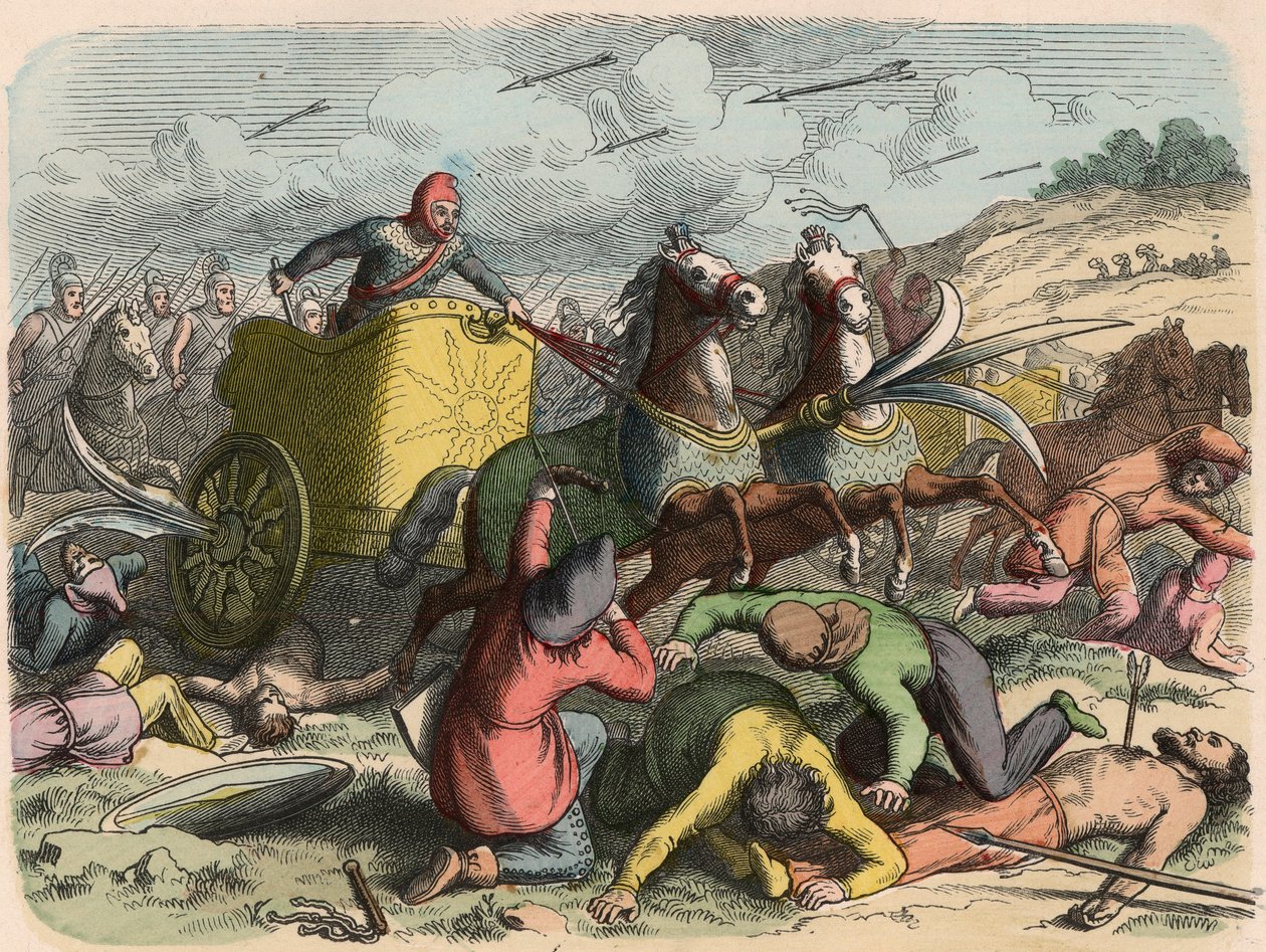 Starożytny Orient, perski powóz wojenny podczas bitwy autorstwa Heinrich Leutemann