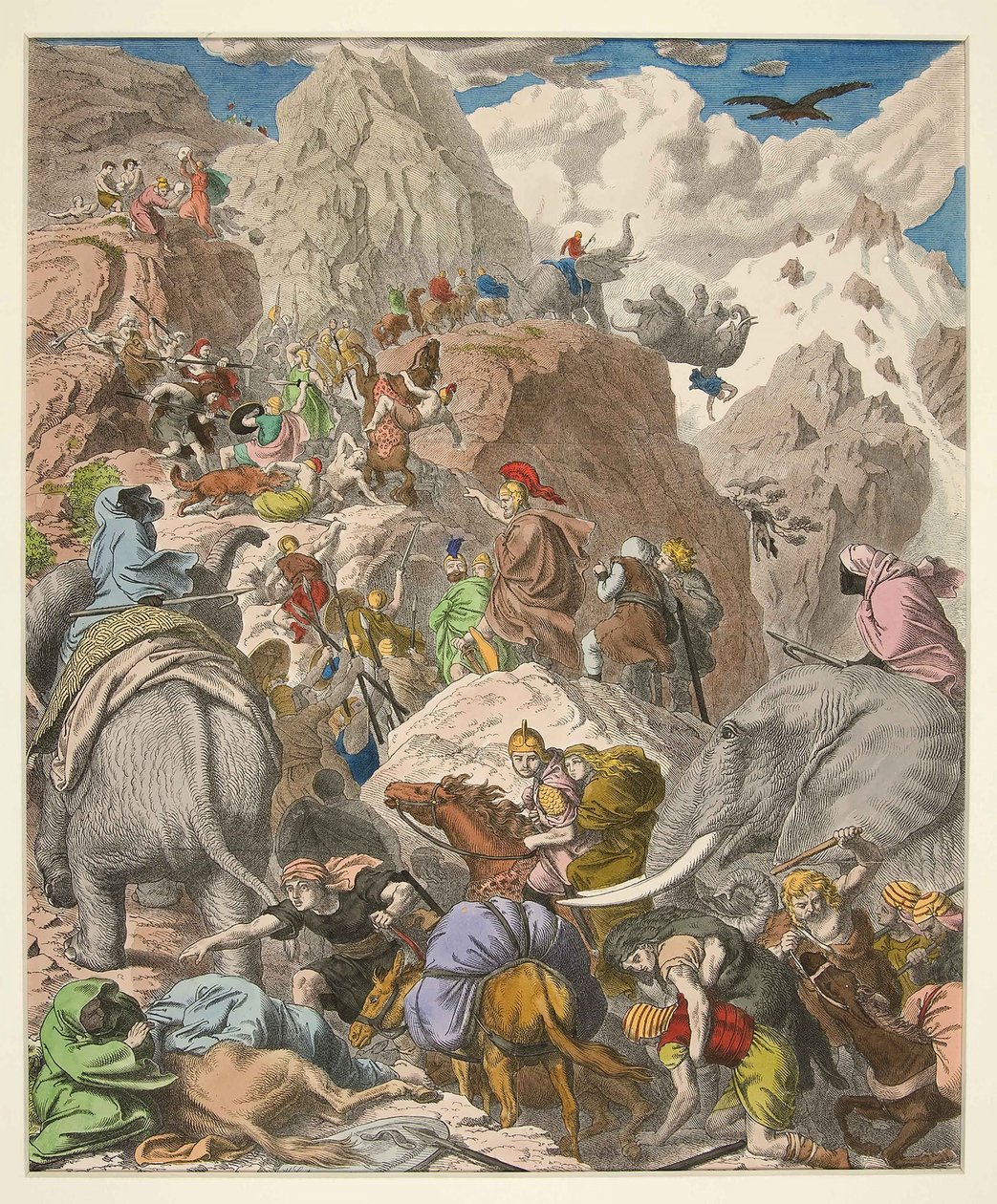 Hannibal Przejście przez Alpy, wyd. 1866 (grawerowanie ręcznie kolorowane) autorstwa Heinrich Leutemann
