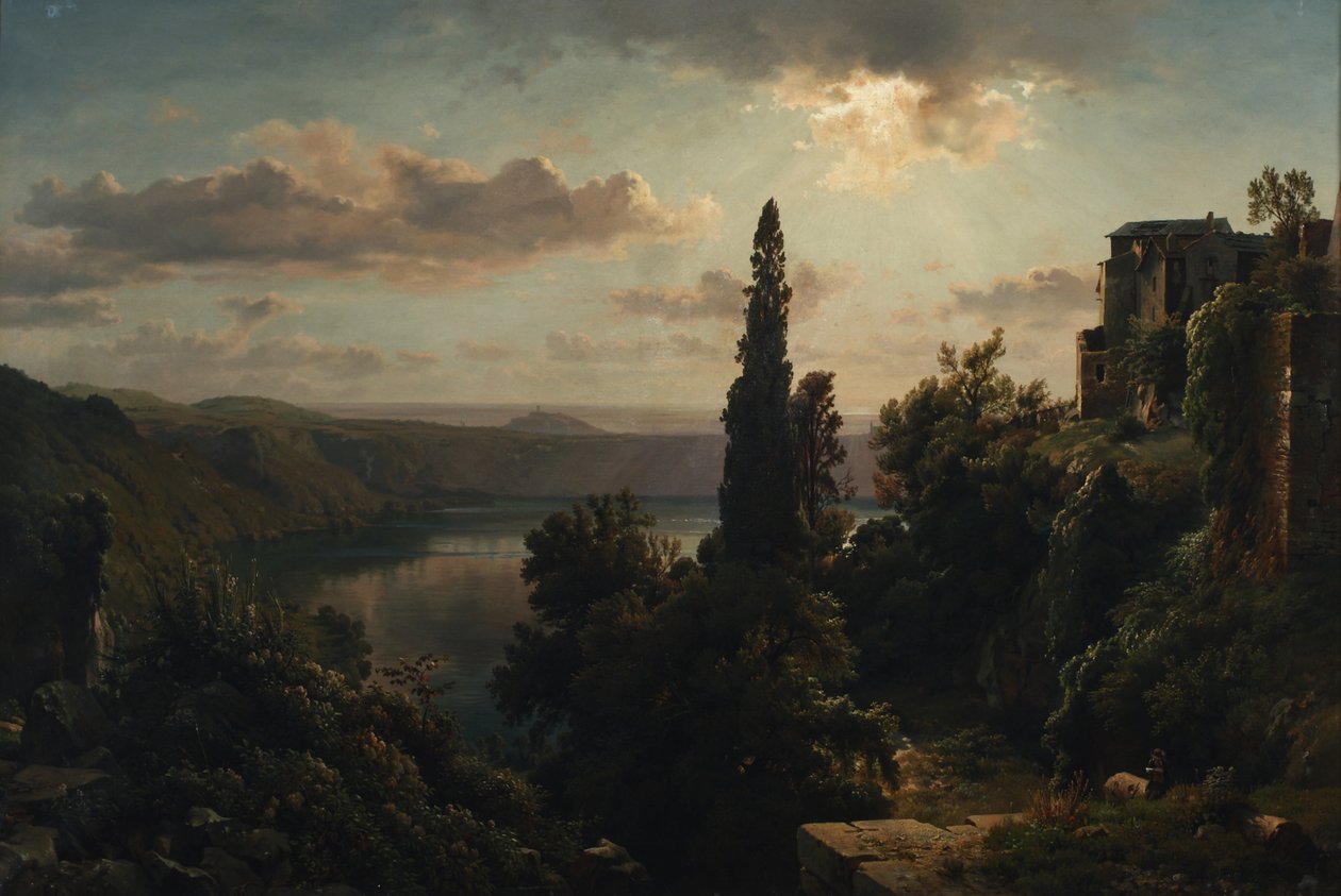 Widok na jezioro Nemi na wzgórzach Albańskich w pobliżu Rzymu autorstwa Heinrich Louis Theodor Gurlitt
