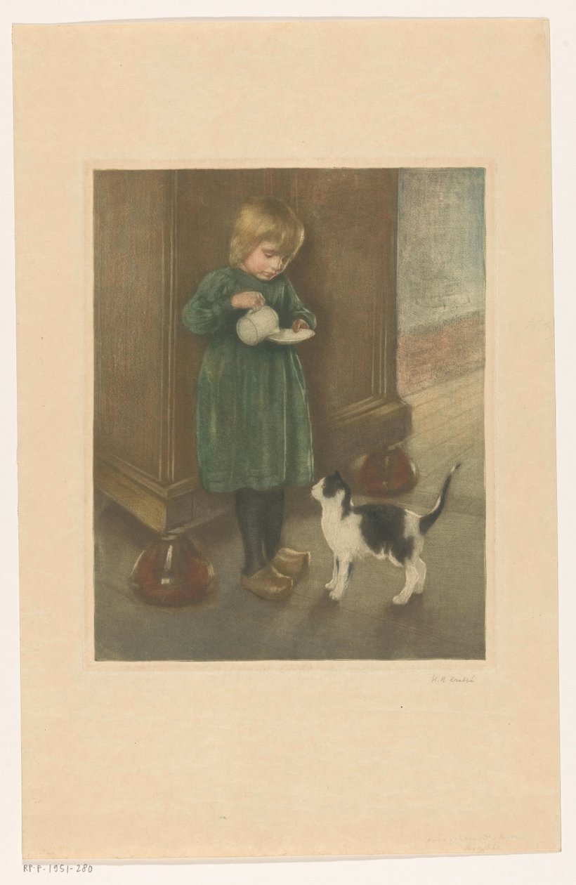 Dziewczyna karmiąca kota autorstwa Heinrich M. Krabbé (signed by artist)