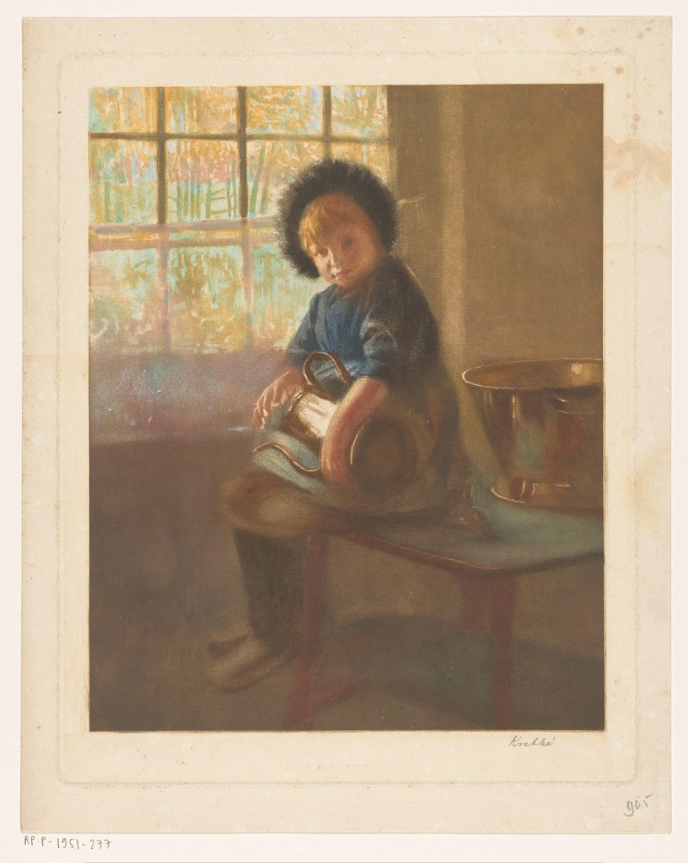 Dziewczyna polerująca miedziany garnek autorstwa Heinrich M. Krabbé (signed by artist)