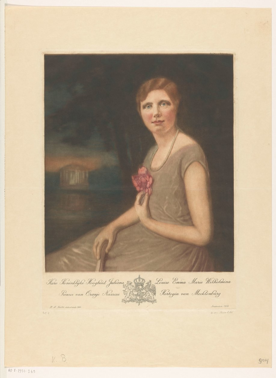 Portret księżniczki Juliany Jej Królewska Wysokość Juliana Louise Emma Marie Wilhelmina, Księżniczka Orange Nassau, Księżna Meklemburgii (tytuł na obiekcie) autorstwa Heinrich M. Krabbé (signed by artist)