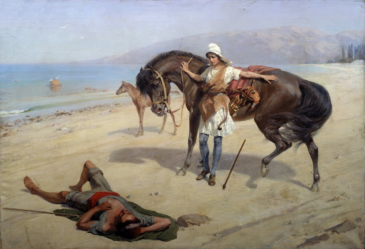 Amazonka (Amazonka). Amazonka odkrywa na brzegu śpiącego marynarza. Obraz Heinricha Genricha Matveyevicha Manisera (1847-1925), olej na płótnie. Sztuka rosyjska XX wieku. Regionalne Muzeum Sztuki im. M. Vrubla, Omsk (Rosja) autorstwa Heinrich Matvejevich Maniser