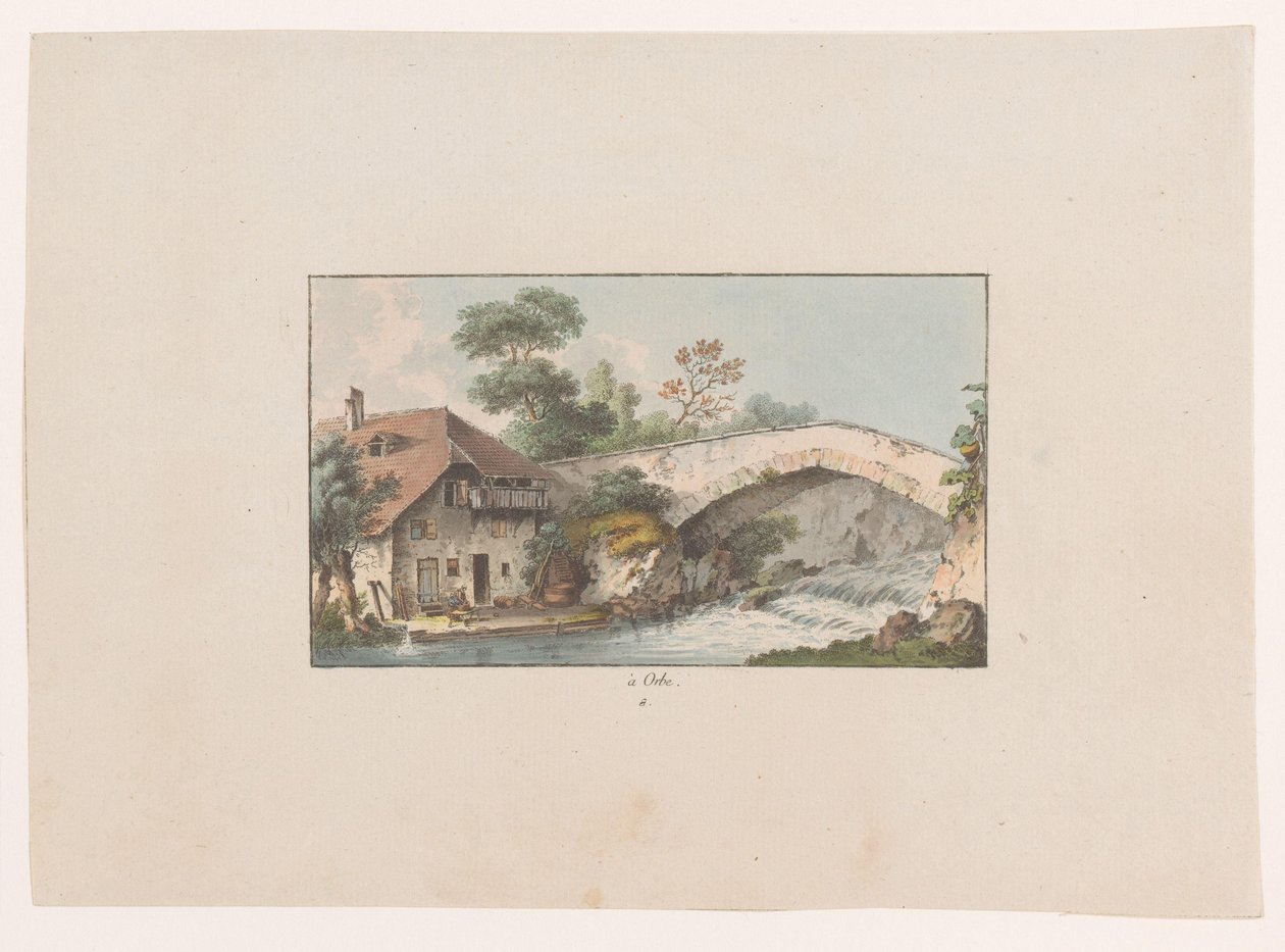 Widok domu przy moście w Orbe à Orbe (tytuł na obiekcie) Widoki Szwajcarii (tytuł serii) Collection de quelques vues dessinées en Suisse d