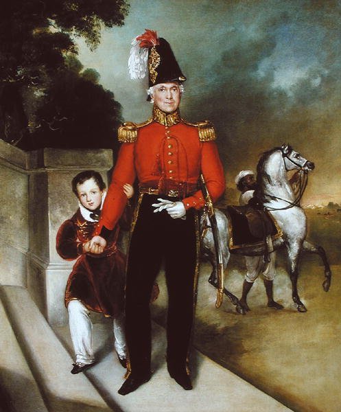 Generał Sir James Dennis (1778-1855) z synem, syce odprowadzający swoją ładownicę 1843 (olej na płótnie) autorstwa Heinrich Schaeffer