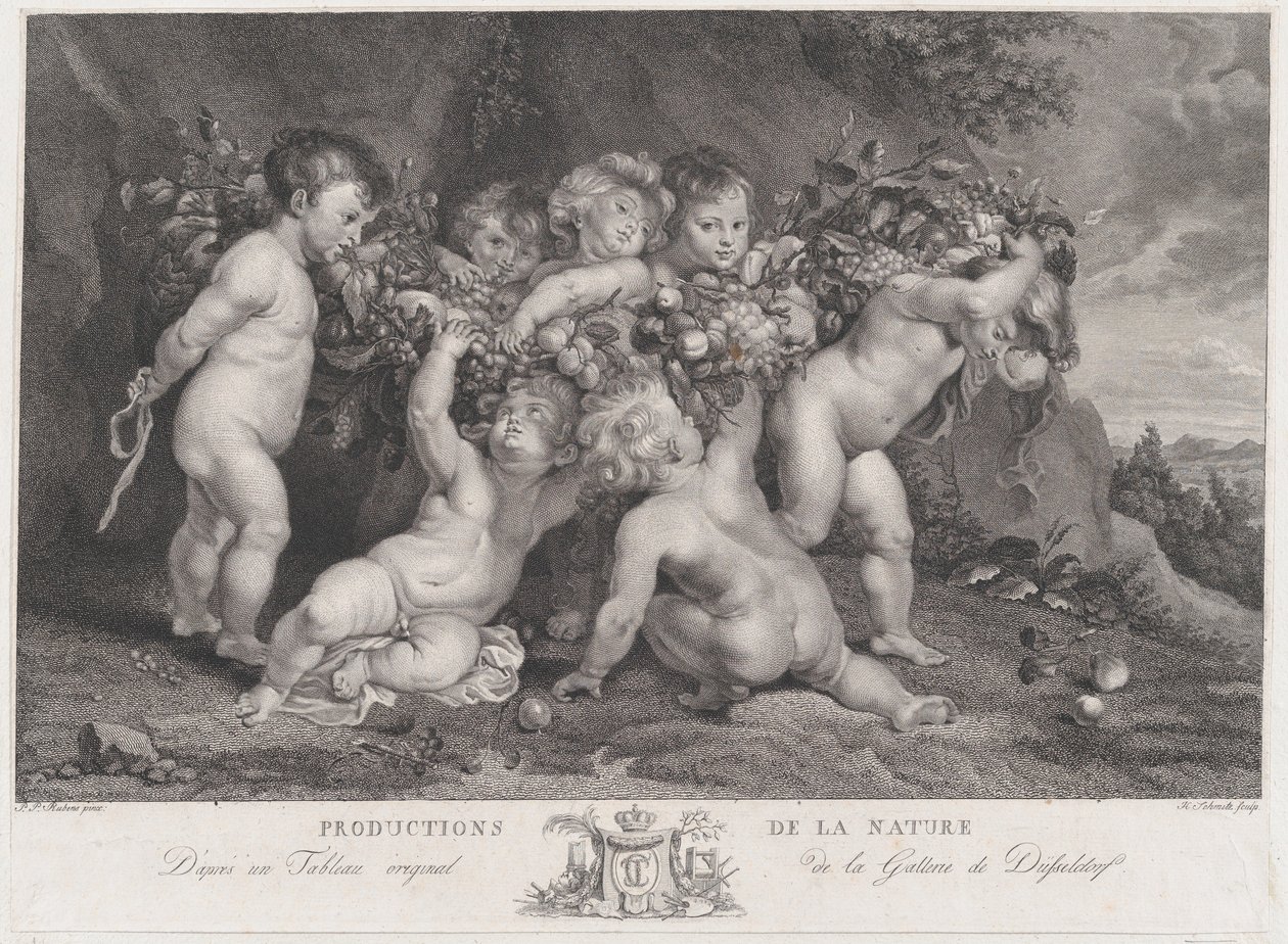 Siedem puttów niosących wianek z owoców, ca. 1780-87. autorstwa Heinrich Schmitz