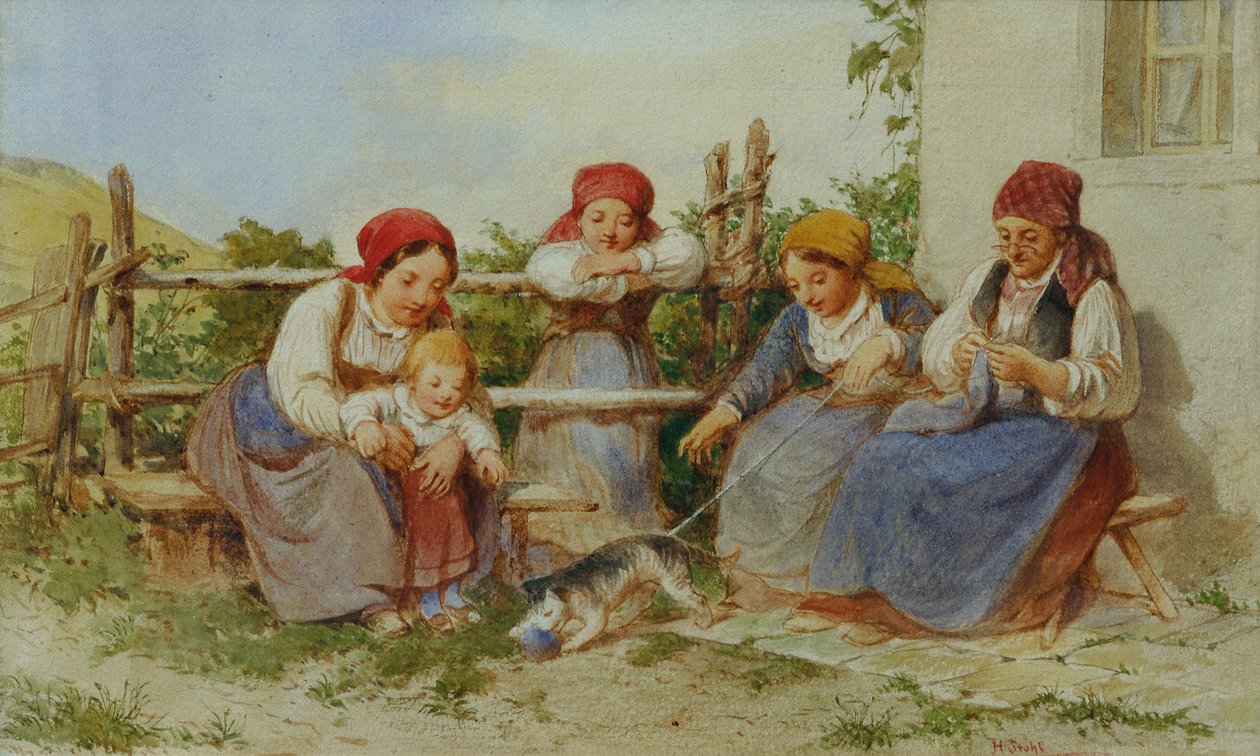 Kobiety i dzieci z bawiącym się kotem autorstwa Heinrich Stohl