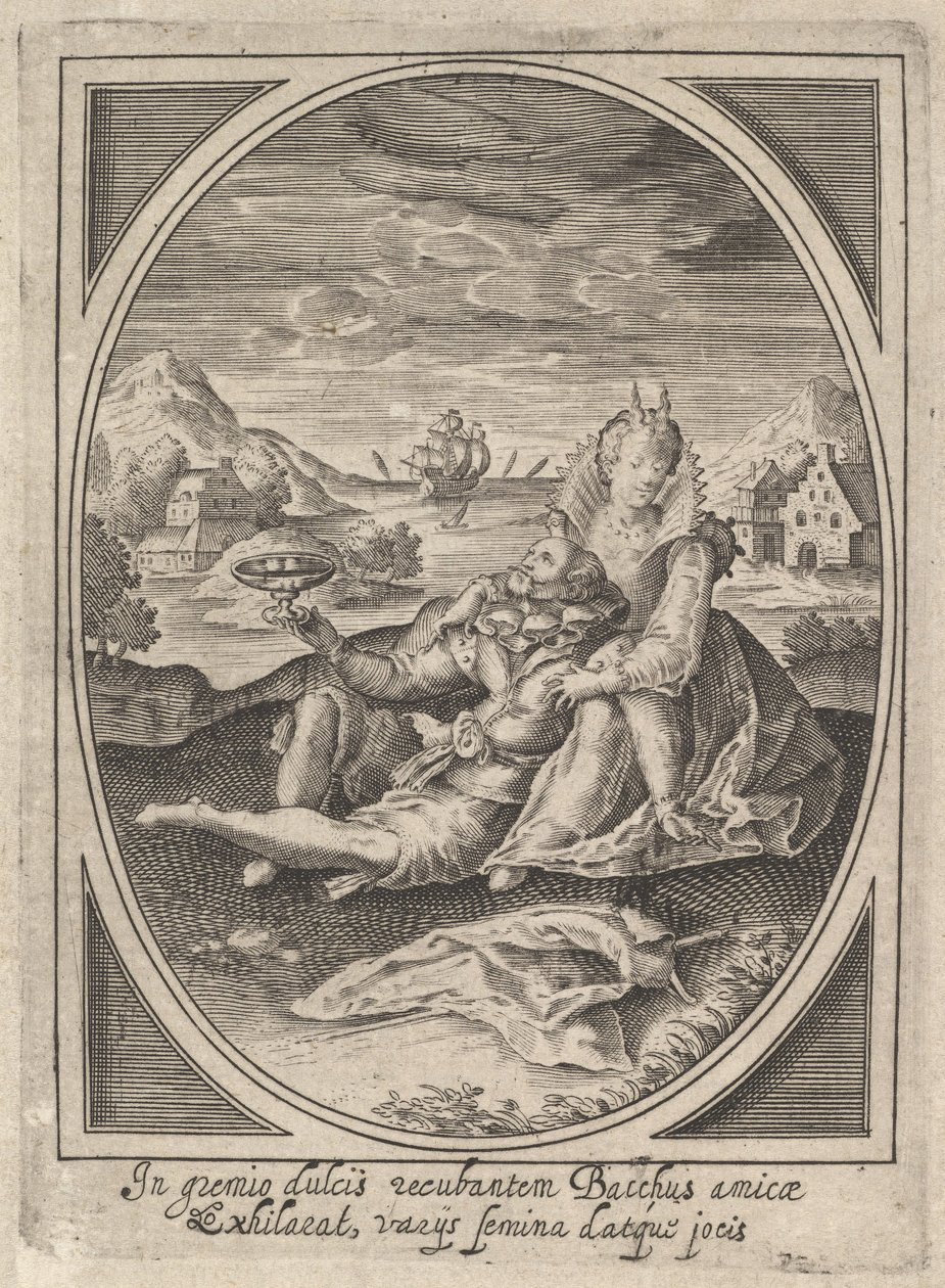 Para siedząca na ziemi, mężczyzna trzymający kielich i oparty o..., ca. 1585-1621. autorstwa Heinrich Ulrich