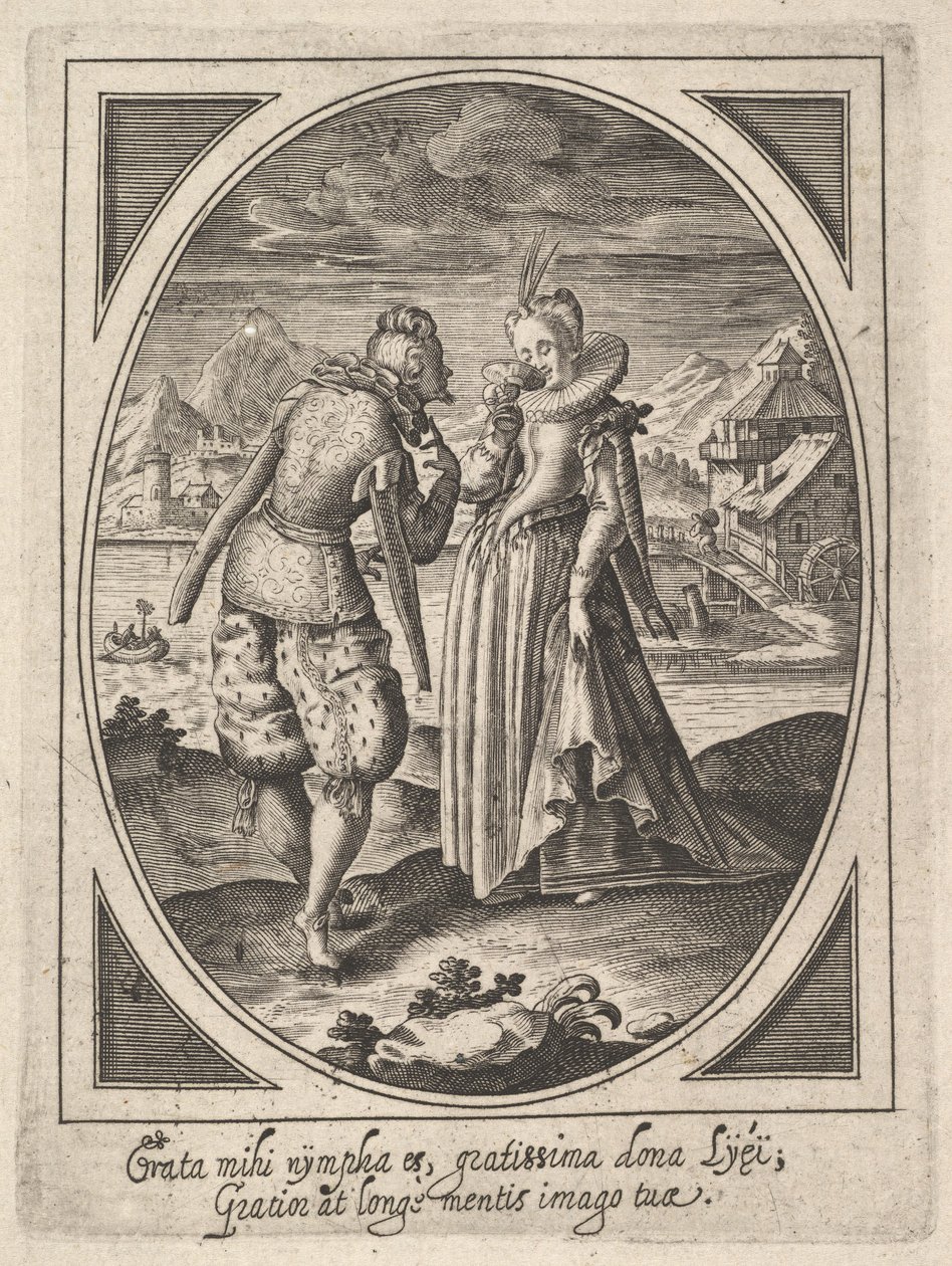 Mężczyzna podchodzi do kobiety, która trzyma kielich przy ustach, młyn wodny i wierzchowiec..., ok. godz. 1585-1621. autorstwa Heinrich Ulrich