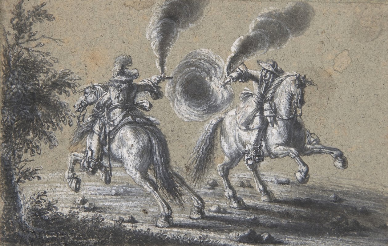 Dwóch jeźdźców strzelających do siebie, 1600-1677. autorstwa Heinrich Werdmuller