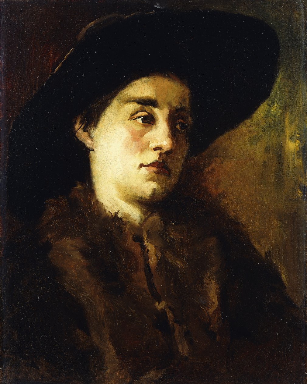 Portret damy w futrze i czarnym kapeluszu, autorstwa Heinrich Wilhelm Truebner
