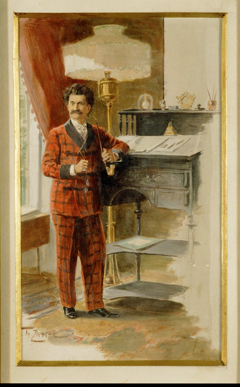 Johann Strauss syn przy wysokim biurku w swoim gabinecie ... (akwarela) autorstwa Heinrich Zasche