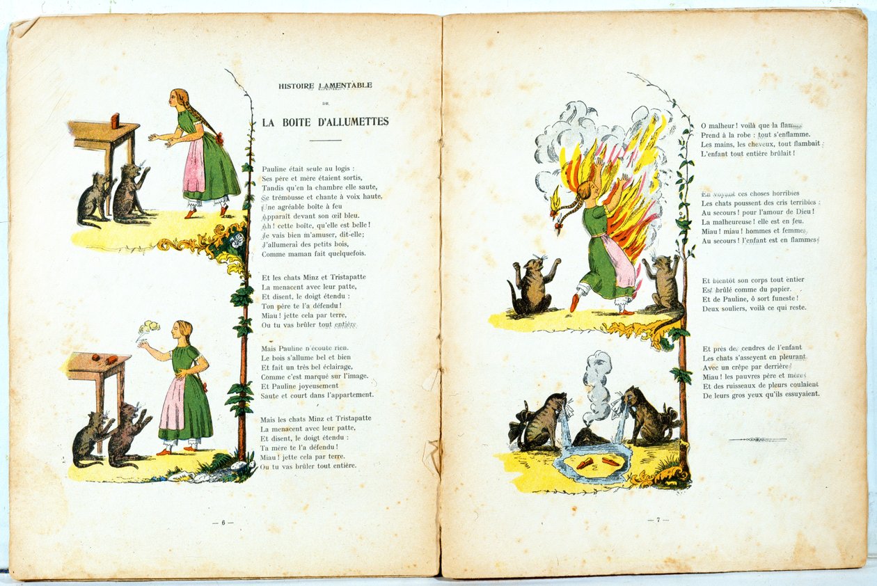 Lamentable History of the Matchbox, ilustracja z francuskiego przekładu Hoffmanns Struwwelpeter wykonanego przez Trima (Louis Gustave Ratisbonne, 1827-1900), c.1850 autorstwa Heinrich Hoffmann