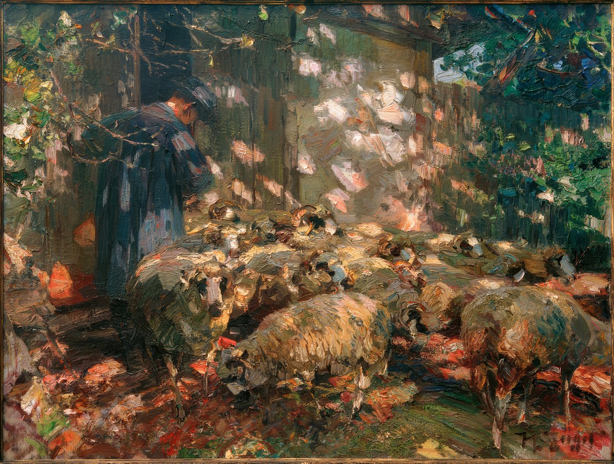 Pasterz z owcami przed stajnią autorstwa Heinrich von Zügel
