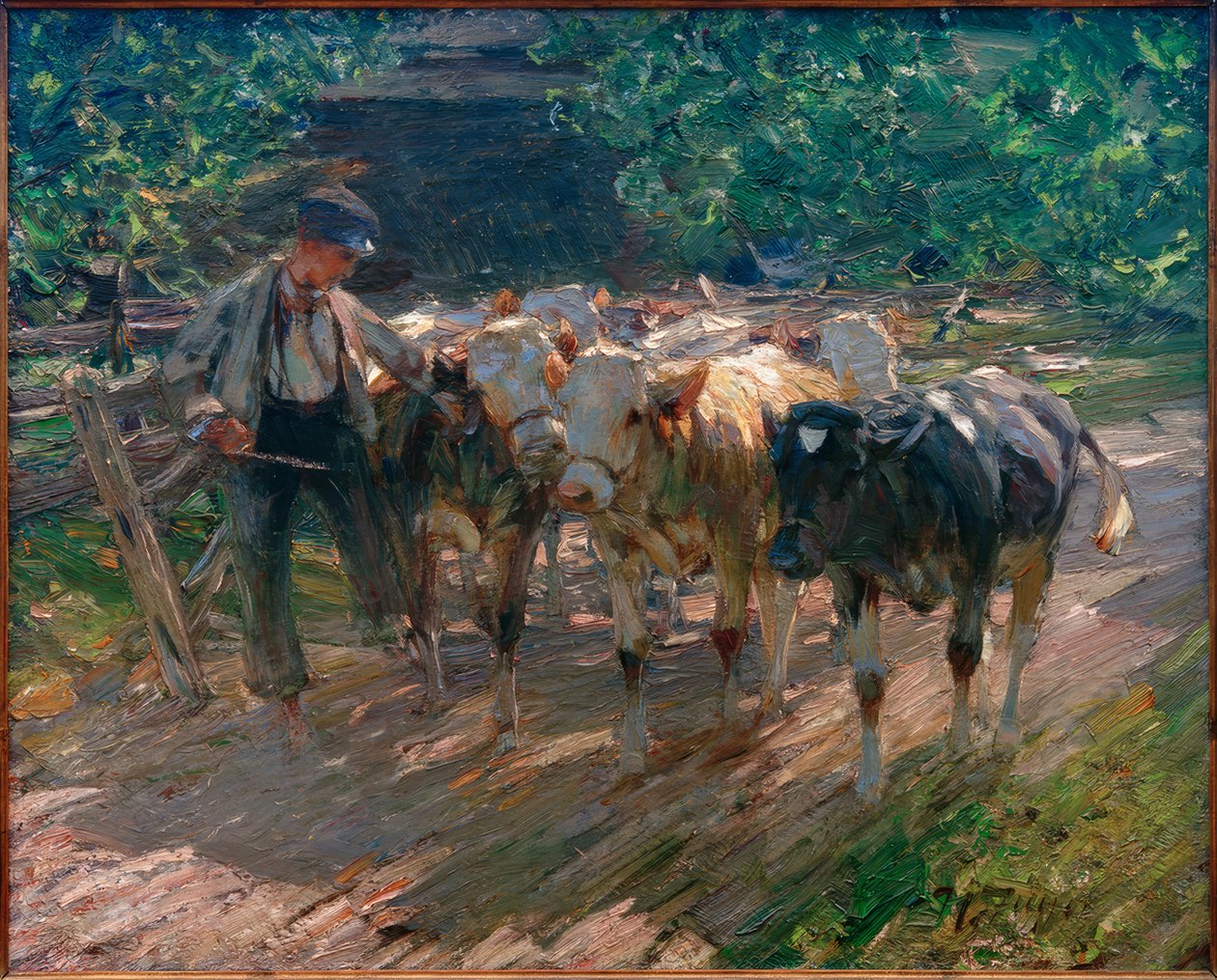 Pasterz prowadzi trzy cielęta autorstwa Heinrich von Zügel