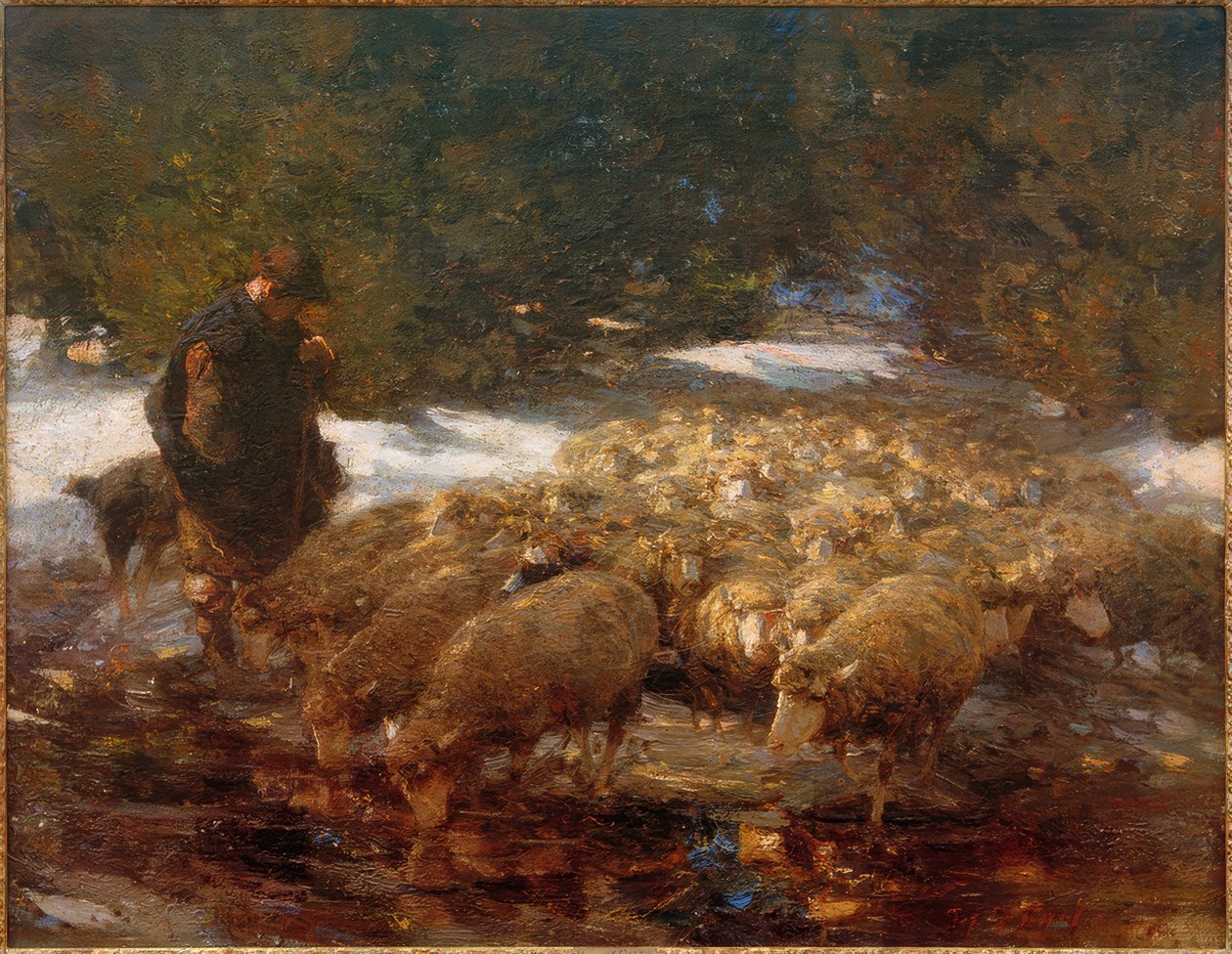 Pasterz z owcami w krajobrazie autorstwa Heinrich von Zügel