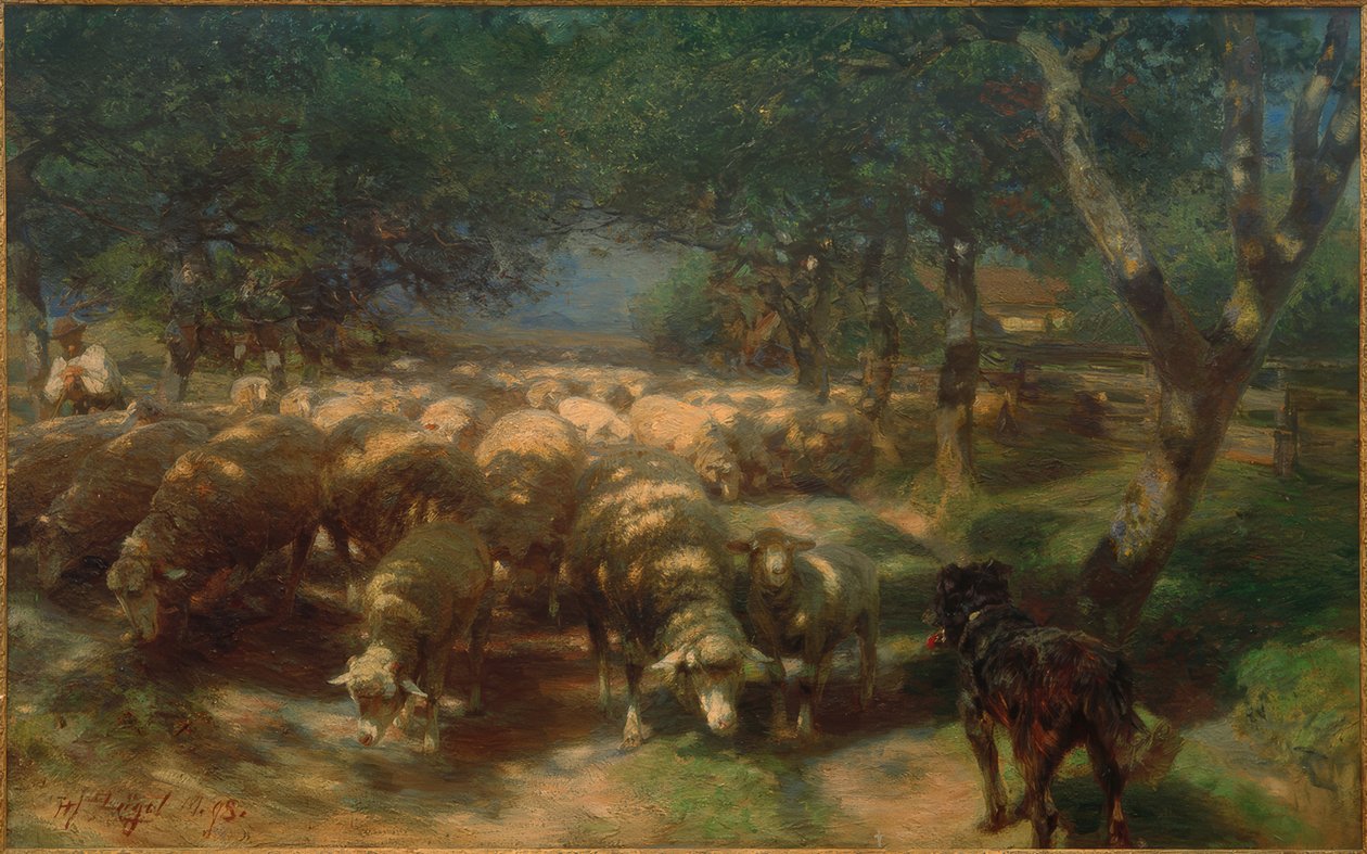 Stado owiec z psem autorstwa Heinrich von Zügel