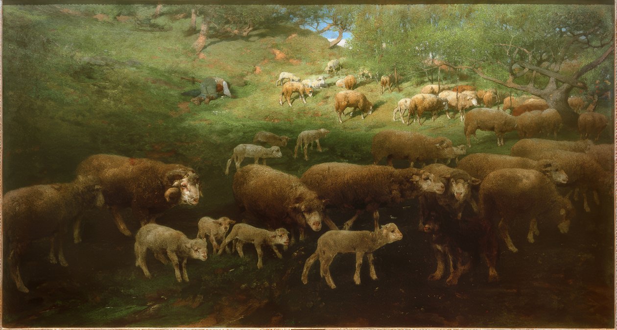 Stado owiec z jagniętami autorstwa Heinrich von Zügel