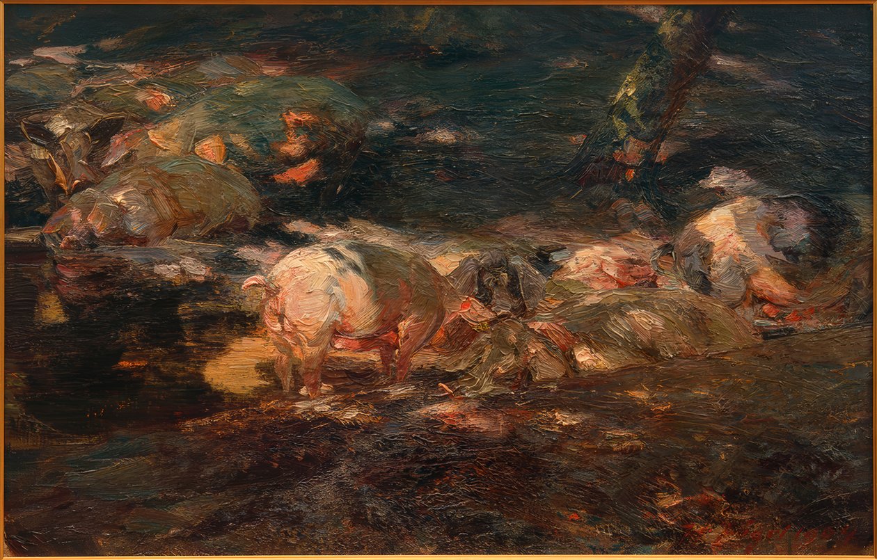 Stado świń w lesie nad wodą autorstwa Heinrich von Zügel