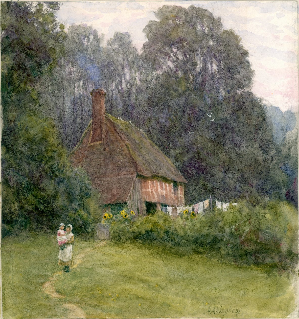 Domek z postaciami (bc i wc na papierze) autorstwa Helen Allingham